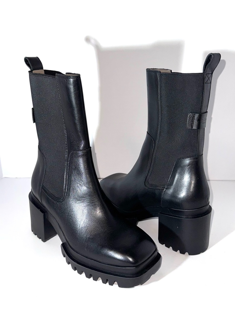 ALLSAINTS Skarlet Square Toe Stretch Block Heel Booties